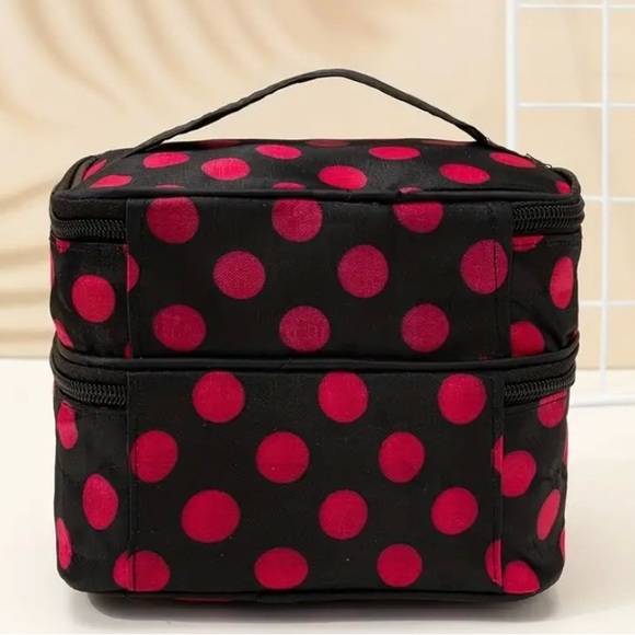 NWT Durable Double Layer Cosmetic Bag with Zipper black with pink dots - Picture 5 of 7